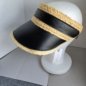 NWT Anthropologie Straw Visor and Black Faux Leather Adjustable Strap New One Sz